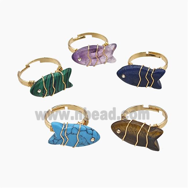 Gemstone Fish Copper Rings Wire Wrapped Gold Plated Mix