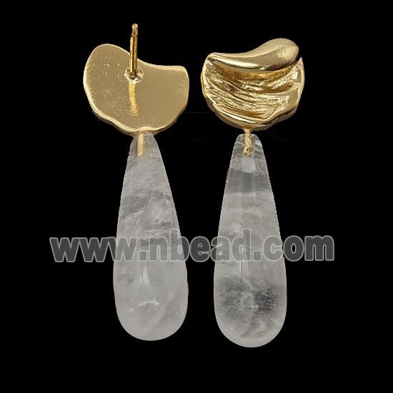 Clear Crystal Quartz Teardrop Copper Stud Earrings Gold Plated