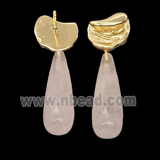 Rose Quartz Teardrop Copper Stud Earrings Gold Plated