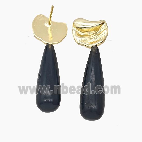 Black Obsidian Teardrop Copper Stud Earrings Gold Plated