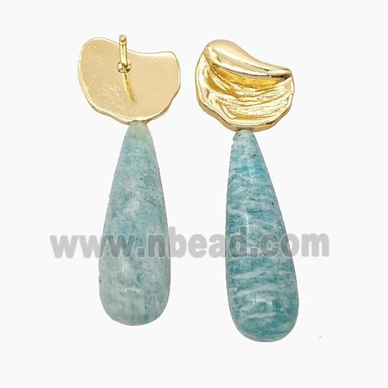 Green Amazonite Teardrop Copper Stud Earrings Gold Plated