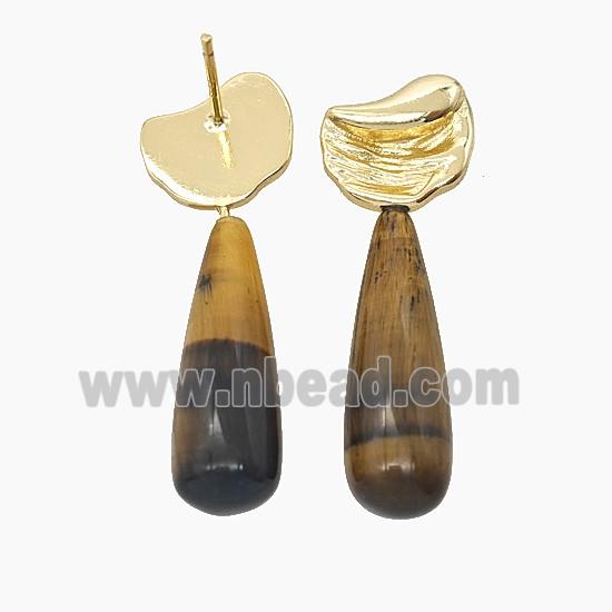 Tiger Eye Stone Teardrop Copper Stud Earrings Gold Plated