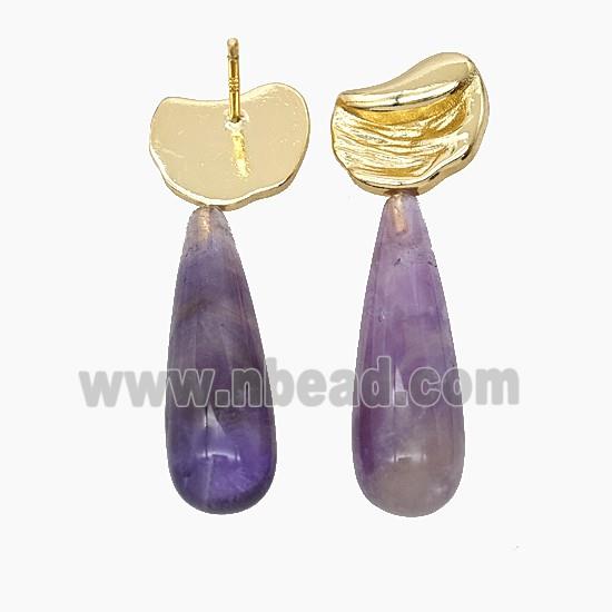 Purple Amethyst Teardrop Copper Stud Earrings Gold Plated