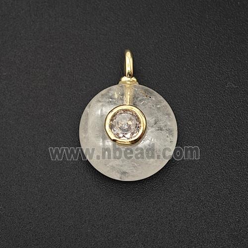 Natural Clear Crystal Quartz Coin Pendant Pave Zirconia