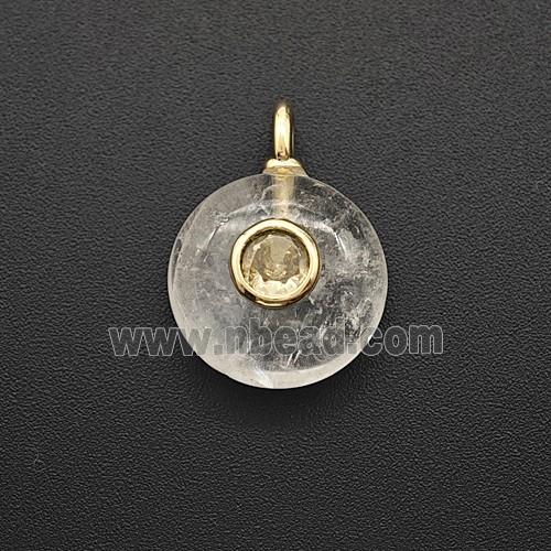 Natural Clear Crystal Quartz Coin Pendant Pave Zirconia