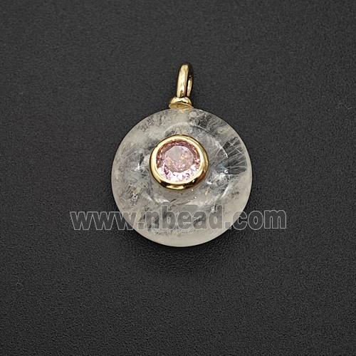 Natural Clear Crystal Quartz Coin Pendant Pave Zirconia