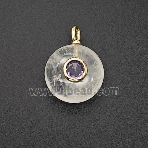 Natural Clear Crystal Quartz Coin Pendant Pave Zirconia