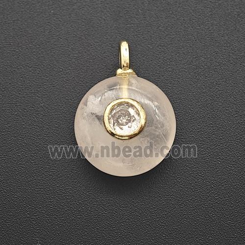 Natural Pink Rose Quartz Coin Pendant Pave Zirconia
