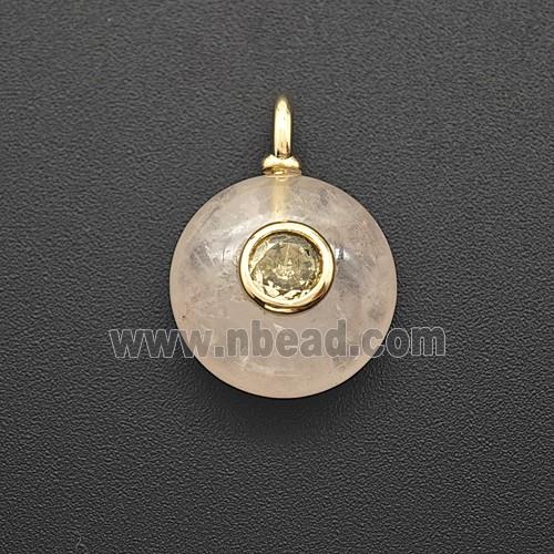 Natural Pink Rose Quartz Coin Pendant Pave Zirconia