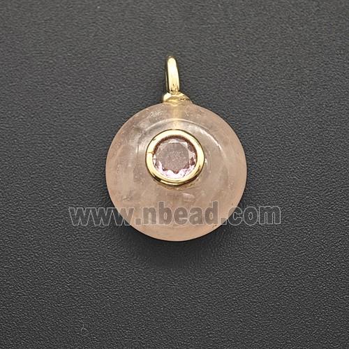 Natural Pink Rose Quartz Coin Pendant Pave Zirconia
