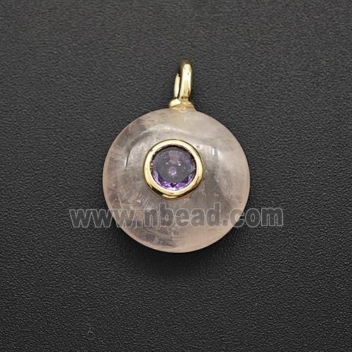 Natural Pink Rose Quartz Coin Pendant Pave Zirconia