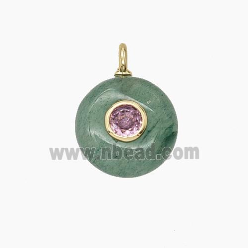 Green Strawberry Quartz Coin Pendant Pave Zirconia