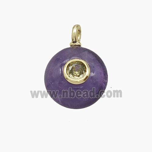 Natural Purple Amethyst Coin Pendant Pave Zirconia