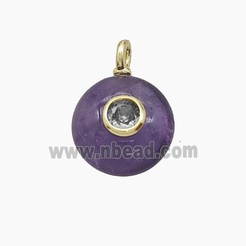 Natural Purple Amethyst Coin Pendant Pave Zirconia
