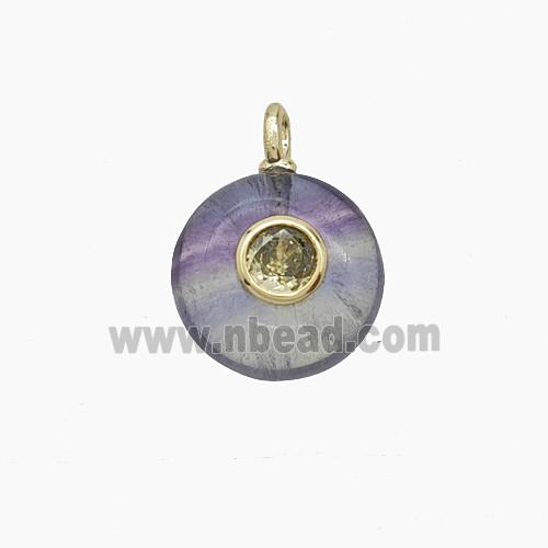 Natural Fluorite Coin Pendant Pave Zirconia