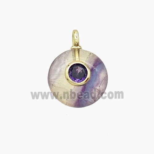 Natural Fluorite Coin Pendant Pave Zirconia