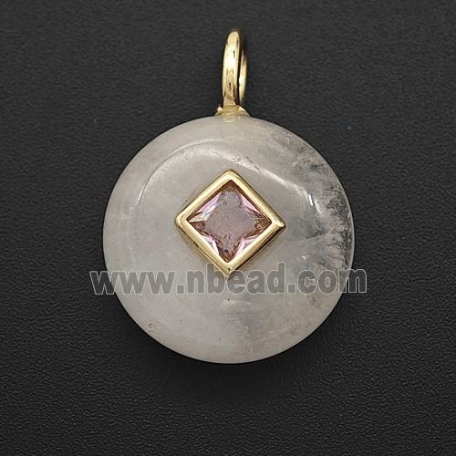 Clear Crystal Quartz Coin Pendant Pave Zirconia