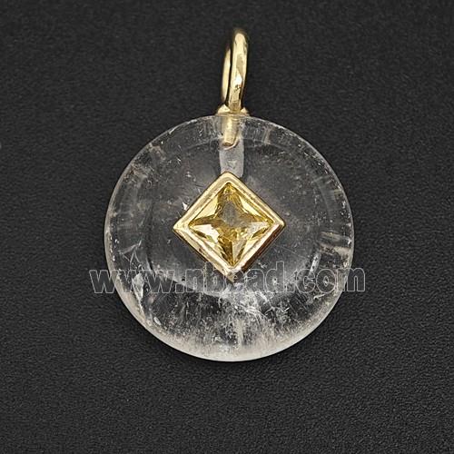 Clear Crystal Quartz Coin Pendant Pave Zirconia