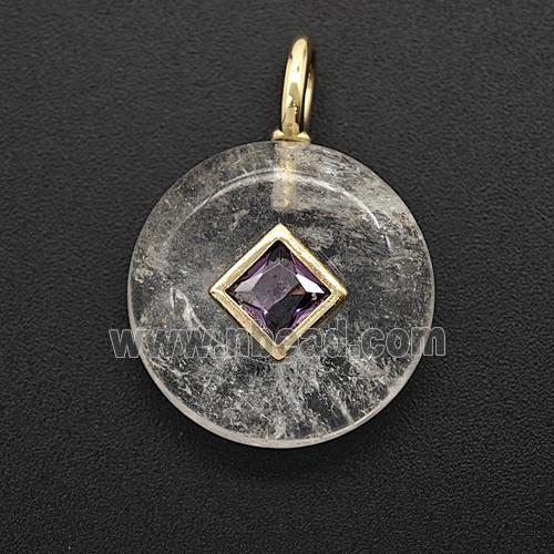 Clear Crystal Quartz Coin Pendant Pave Zirconia
