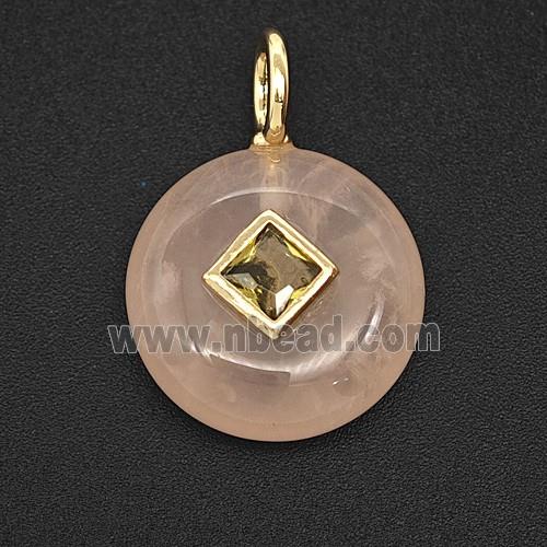 Natural Pink Rose Quartz Coin Pendant Pave Zirconia