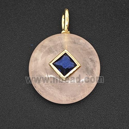 Natural Pink Rose Quartz Coin Pendant Pave Zirconia