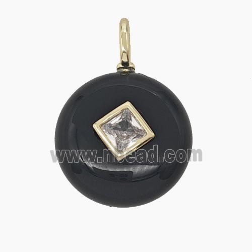 Natural Black Obsidian Coin Pendant Pave Zirconia
