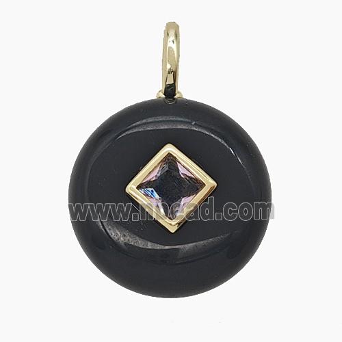 Natural Black Obsidian Coin Pendant Pave Zirconia