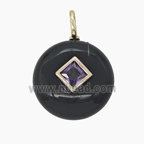 Natural Black Obsidian Coin Pendant Pave Zirconia