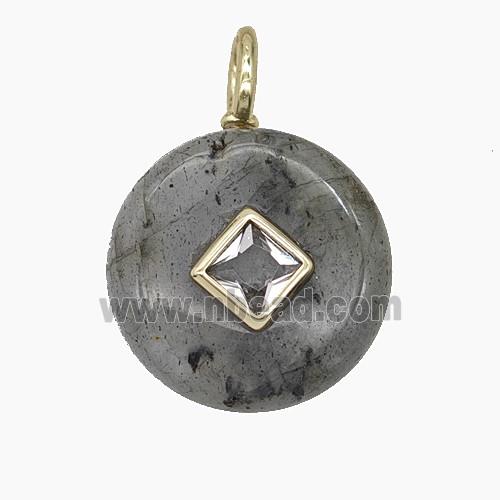 Natural Labradorite Coin Pendant Pave Zirconia