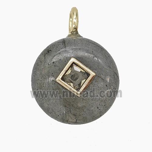 Natural Labradorite Coin Pendant Pave Zirconia