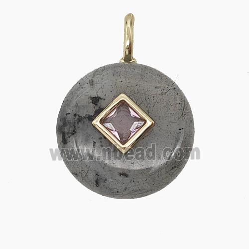 Natural Labradorite Coin Pendant Pave Zirconia