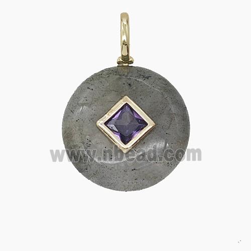 Natural Labradorite Coin Pendant Pave Zirconia
