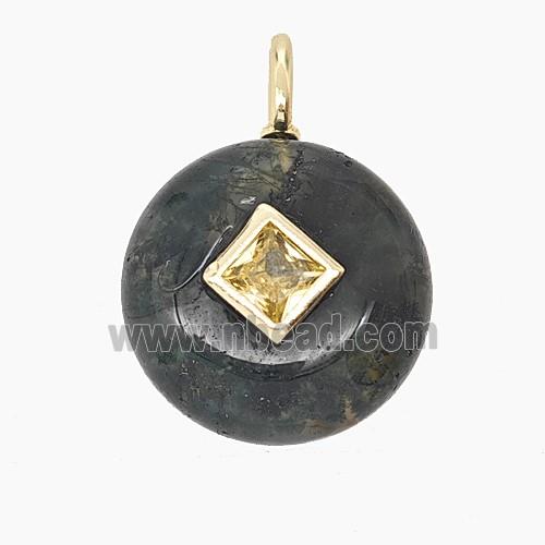 Natural Green Moss Agate Coin Pendant Pave Zirconia