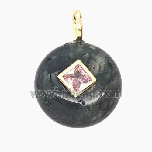 Natural Green Moss Agate Coin Pendant Pave Zirconia