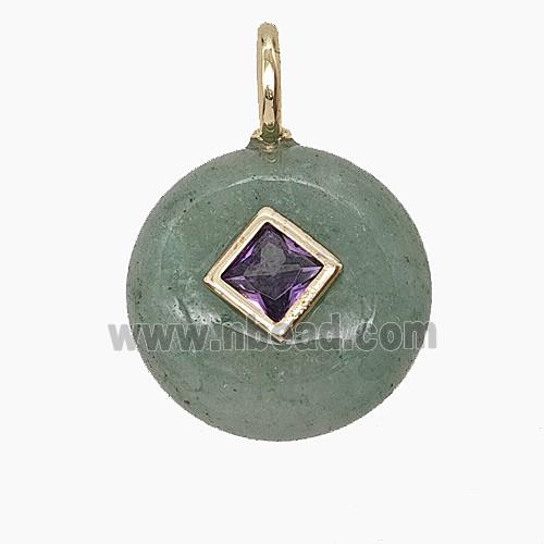 Green Aventurine Coin Pendant Pave Zirconia