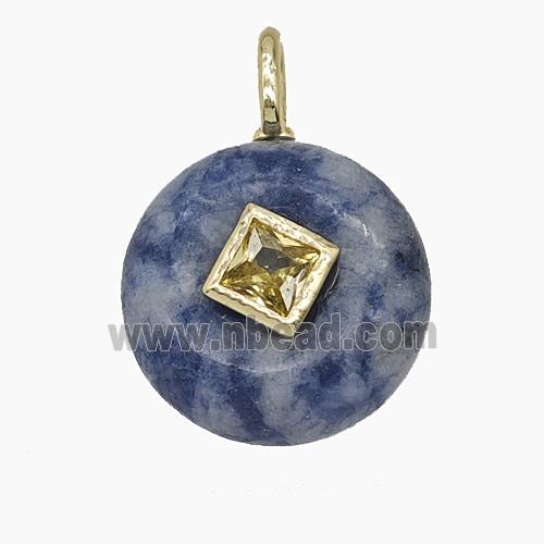 Blue Dalmatian Jasper Coin Pendant Pave Zirconia