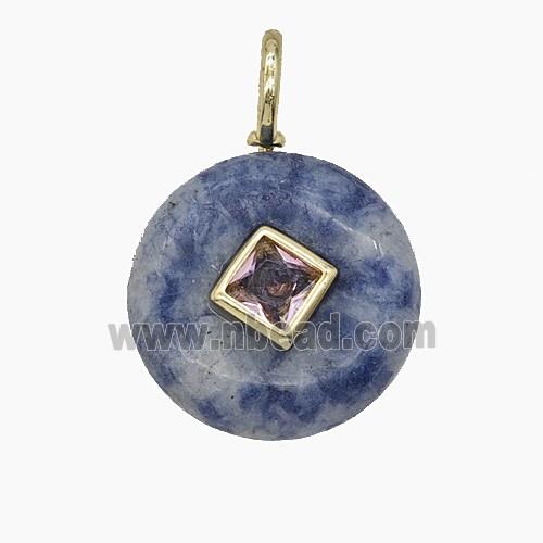 Blue Dalmatian Jasper Coin Pendant Pave Zirconia