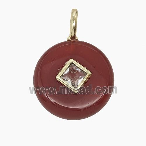 Red Dye Agate Coin Pendant Pave Zirconia
