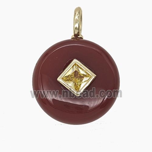 Red Dye Agate Coin Pendant Pave Zirconia