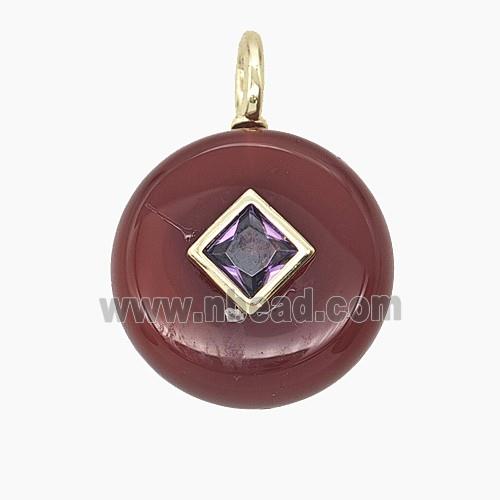 Red Dye Agate Coin Pendant Pave Zirconia