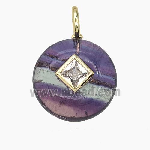 Natural Fluorite Coin Pendant Pave Zirconia