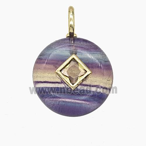 Natural Fluorite Coin Pendant Pave Zirconia
