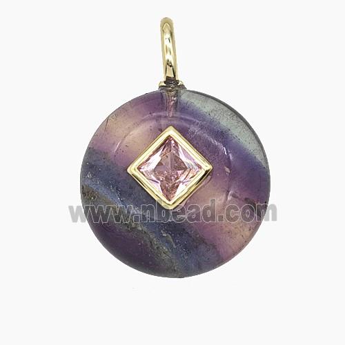 Natural Fluorite Coin Pendant Pave Zirconia