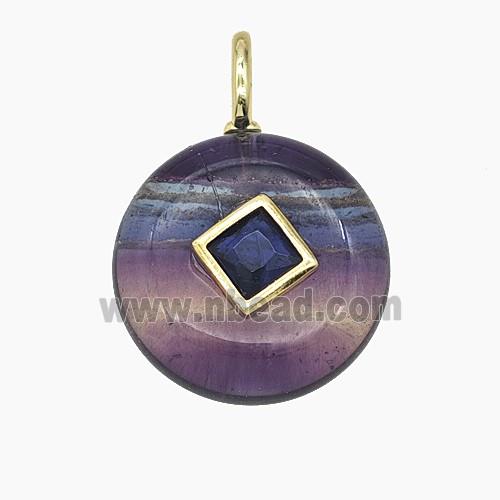 Natural Fluorite Coin Pendant Pave Zirconia