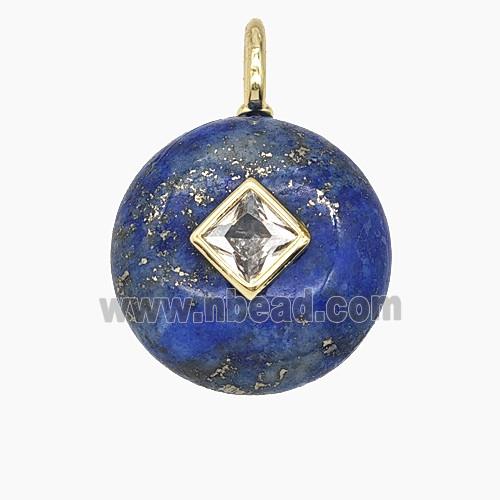 Natural Blue Lapis Lazuli Coin Pendant Pave Zirconia