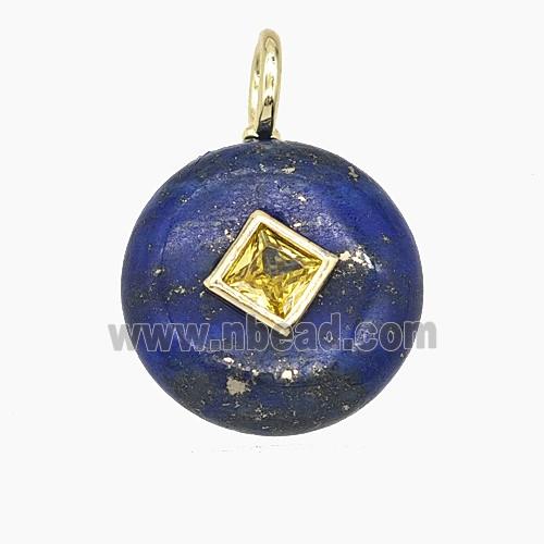 Natural Blue Lapis Lazuli Coin Pendant Pave Zirconia