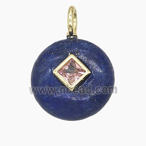 Natural Blue Lapis Lazuli Coin Pendant Pave Zirconia