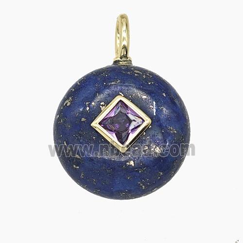 Natural Blue Lapis Lazuli Coin Pendant Pave Zirconia