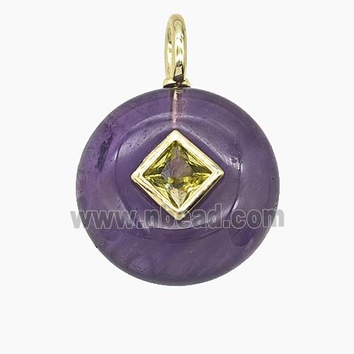 Natural Purple Amethyst Coin Pendant Pave Zirconia