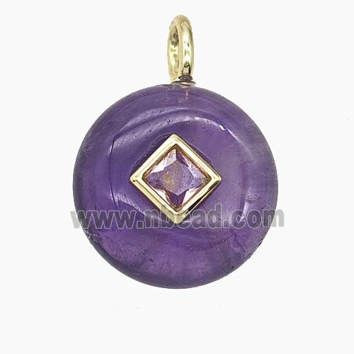 Natural Purple Amethyst Coin Pendant Pave Zirconia